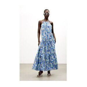 Zara Tiered Blue Paisley Maxi Dress 100% Cotton